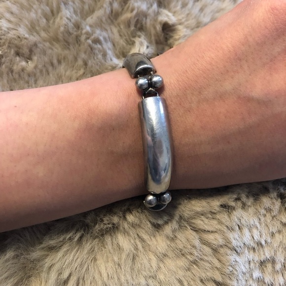 VTG Taxco 925 Silver Geometric Rectangle & Ball Link Bracelet w Safety Chain - Picture 6 of 12